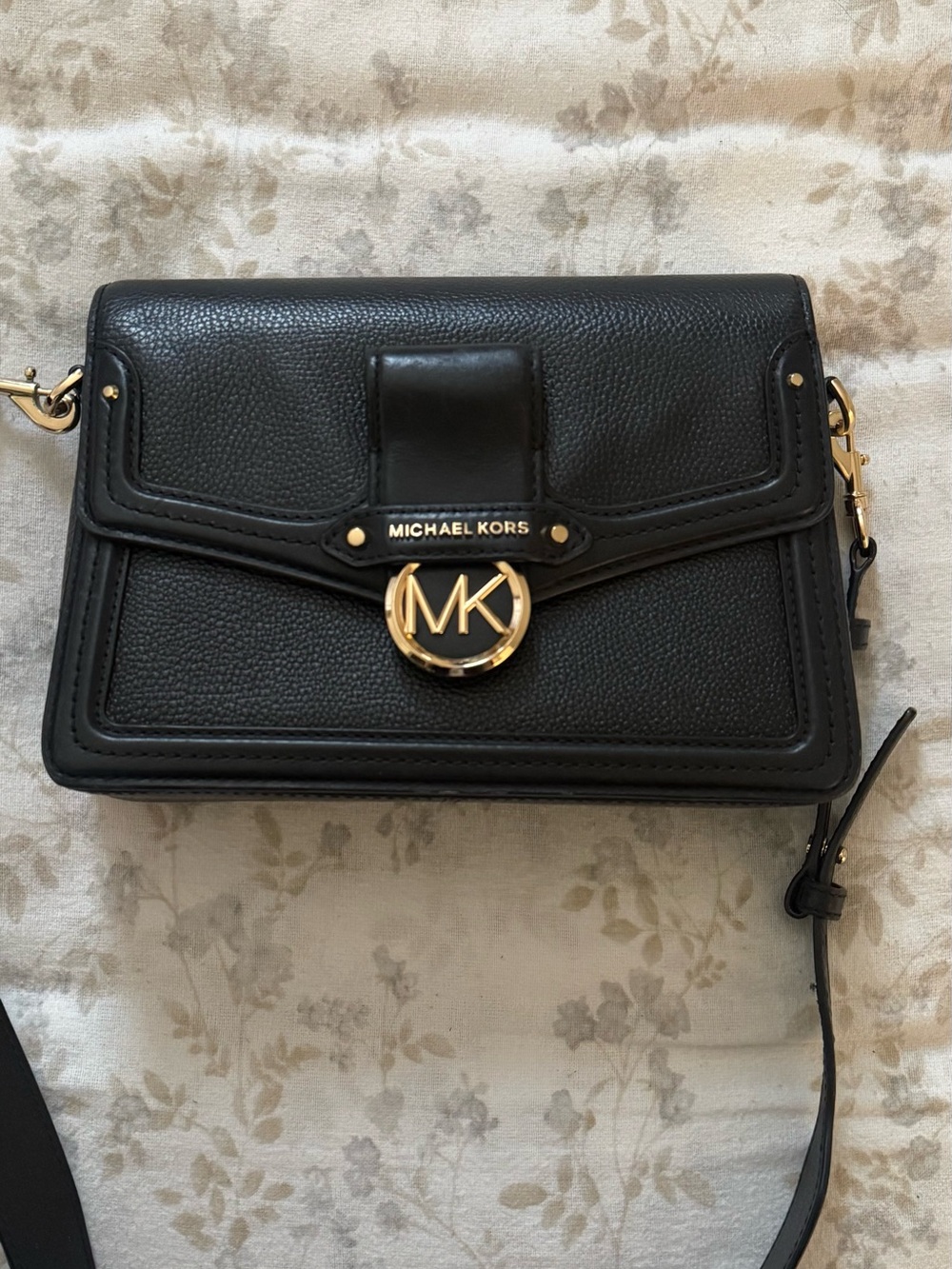 Michael Kors Black Pebbled Leather Crossbody with Gold MK Emblem